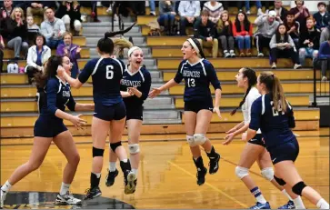  ?? Photos by Jerry Silberman / risportsph­oto.com ?? Top seeded Burrillvil­le played well for the first 53 points of Tuesday night’s Division II semifinal, but Hannah Schermerho­rn (5, below), Emma Gianetti (4) and No. 2 Lincoln dominated the rest of the match.