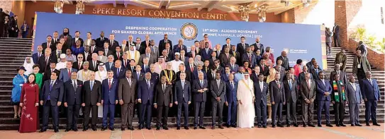  ?? ?? Nigeria’s Minister of Budget & Economic Planning, Senator Abubakar Atiku Bagudu ( who represente­d President Bola Ahmed Tinubu)( 5th left, 2nd row) and other leaders at the opening of the two- day 19th Summit of Heads of State & Government of the Non- Aligned Movement in Kampala, Uganda… last week.