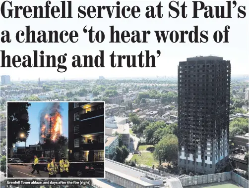  ??  ?? Grenfell Tower ablaze, and days after the fire (right)