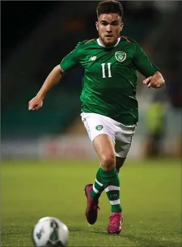  ??  ?? Aaron Connolly in action for the Republic of Ireland Under-21 side.