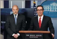  ?? OLIVIER DOULIERY/ABACA PRESS ?? Treasury Secretary Steven Mnuchin, right, and Director of the National Economic Council Gary Cohn discuss the goals and feasibilit­y of President Trump’s tax reform plan in the Press Briefing Room of the White House on Wednesday in Washington, D.C