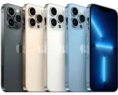  ?? ?? The various colours of the iPhone 13 Pro. From left to right: Graphite, Gold, Silver, and Sierra Blue.