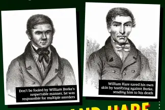  ??  ?? Don’t be fooled by William Burke’s respectabl­e manner, he was responsibl­e for multiple murders William Hare saved his own skin by testifying against Burke, sending him to his death