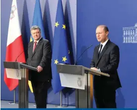  ??  ?? Ukrainian President Petro Poroshenko was in Malta earlier this month for bilateral talks and in a press conference on 16 May had appealed to Russian President Vladimir Putin for the withdrawal of Russian troops from Ukrainian territory.