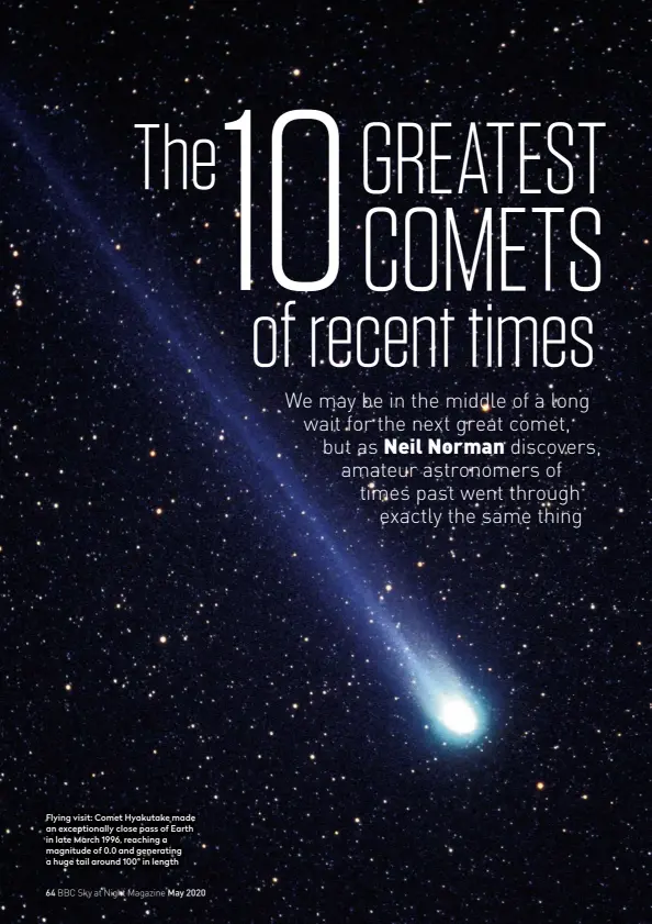  ??  ?? Flying visit: Comet Hyakutake made an exceptiona­lly close pass of Earth in late March 1996, reaching a magnitude of 0.0 and generating a huge tail around 100° in length