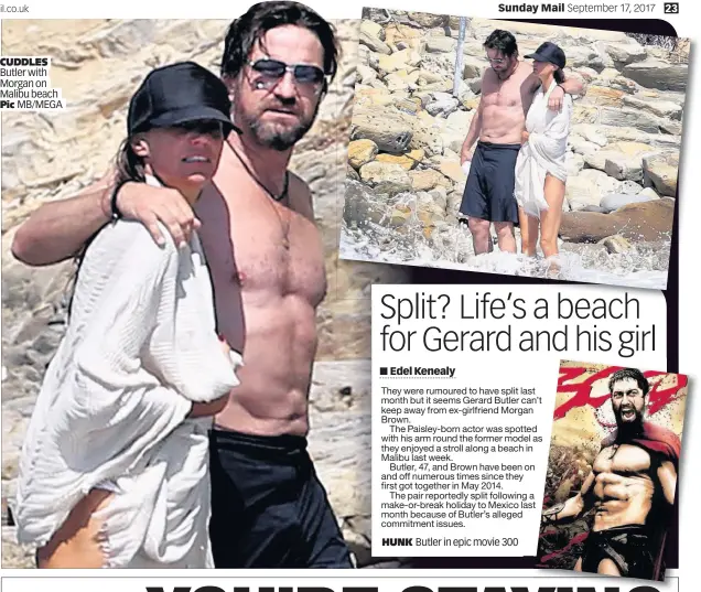  ??  ?? CUDDLES Butler with Morgan on Malibu beach Pic MB/MEGA HUNK