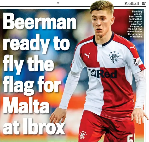  ??  ?? Planning ahead: Beerman is hoping that he can play a role for Rangers in the next few weeks due to the absence of Wallace