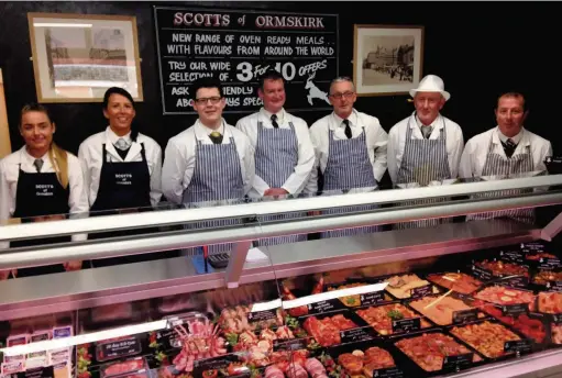  ?? The staff of DC Scott & Sons in the newly refitted shop, and right, West Lancashire Mayor Liz Savage and Dorothy Scott officially open the new-look butchers ?? Original owner Donald Cameron McLeod Scott first opened the butchers in 1923. Then known as Hulmes, it was changed to its current name, DC Scott & Sons, in the 1930s