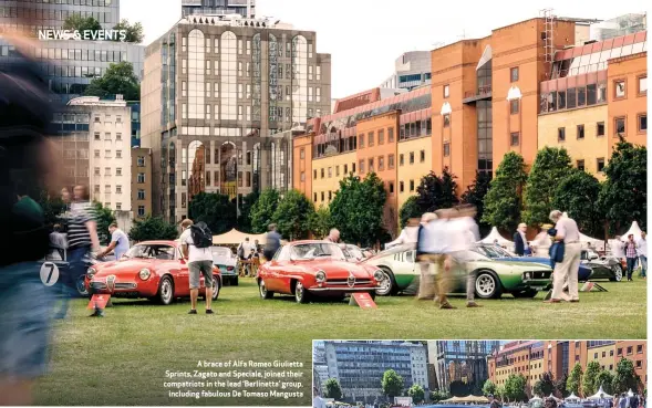  ??  ?? A brace of Alfa Romeo Giulietta Sprints, Zagato and Speciale, joined their compatriot­s in the lead ‘Berlinetta’ group, including fabulous De Tomaso Mangusta