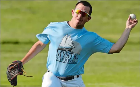  ?? DANA JENSEN/THE DAY ?? Pitcher Adam Goss warms up before a Mystic Schooners game last month at Fitch High School. The former Waterford High standout has become a lefty relief specialist for Mystic, retiring all 12 left-handed hitters he’s faced this season.