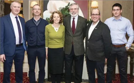  ??  ?? Gerry Adam’s visit to Sligo: Martin Kenny TD, Stephen Conway, Imelda Ryan-Jones, Gerry Adams TD, Cllr Chris McManus, Niall Monaghan