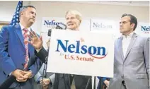  ?? JACOB LANGSTON/TNS ?? Congressma­n Soto, left, watches as Senator Nelson speaks after picking up the endorsemen­t of Puerto Rican Governor Rossello, right.