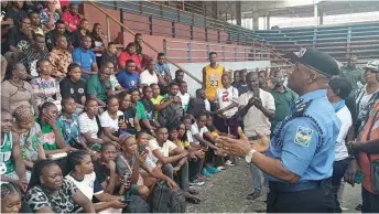  ?? ?? Rivers State Commission­er of Police, Tunji Disu ( right), addressing the Athletes from Zone 16 at the State Command, Port Harcourt, before their departure for the 2024 Police Games in Ibadan… yesterday.