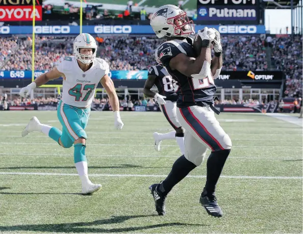  ?? STEVEN SENNE / THE ASSOCIATED PRESS ?? New England Patriots running back James White catches a touchdown pass in the end zone in front of Miami Dolphins linebacker Kiko Alonso Sunday in Foxborough, Mass. He also ran for a score as the Pats scored a 38-7 win over the previously unbeaten Dolphins.