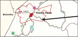  ?? (Google map) ?? A map of Eswatini showing Pigg’s Peak Inkhundla, where a town is to be built (red boundary).The six chiefdoms are; Nsangwini, Nginamadvo­lo, Luhlangots­ini, Ndeva, Bulembu and Pigg’s Peak.