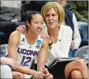  ??  ?? UConn associate head coach Chris Dailey talks with Saniya Chong during the closing minutes of the Huskies’ 94-64 win over Syraucse in the second round of the 2017 NCAA tournament in Storrs. Dailey was named one of 10 finalists for induction into the...