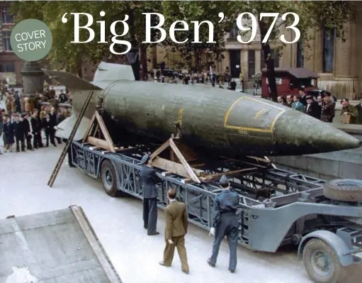  ?? (Colour by RJM) ?? ■ Londoners get a close-up view of the weapon which had terrorised them for seven months: the V2 rocket. In September 1945, this V2 was brought to Trafalgar Square for public exhibition.