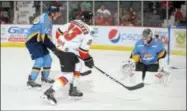  ??  ?? The Adirondack Thunder’s Shane Conacher fires a shot on net in Friday’s 5-3 victory over the Toledo Walleye. Toledo got revenge, 4-2, on Saturday. (Photo provided by Andy Camp).