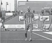  ?? BRYAN TERRY/THE OKLAHOMAN ?? Villyan Bijev, shown here in a match earlier in the season, scored his 10th goal of the year Wednesday to help OKC Energy FC beat Memphis 1-0 in
Tennessee.