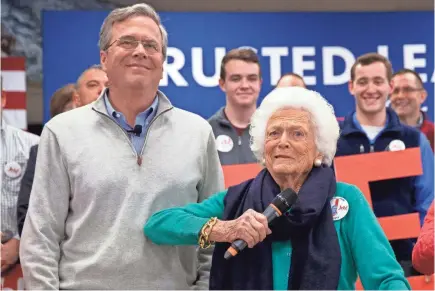  ?? JACQUELYN MARTIN/AP ?? “I love my son, and I know that America needs him,” Barbara Bush told CBS, so she put aside her reservatio­ns about political campaigns and joined Jeb Bush for a rally in Derry, N.H., on Feb. 4, 2016.