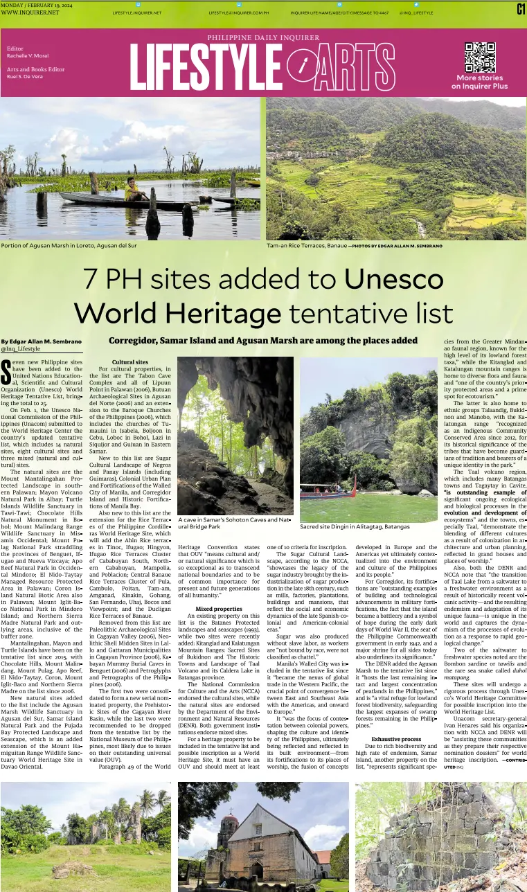  ?? —PHOTOS BY EDGAR ALLAN M. SEMBRANO ?? Portion of Agusan Marsh in Loreto, Agusan del Sur
Shell midden site at the ruins of Tocolana Church, Cagayan
Lazi Church, Siquijor
Tam-an Rice Terraces, Banaue
A cave in Samar’s Sohoton Caves and Natural Bridge Park
Sacred site Dingin in Alitagtag, Batangas
Part of the old Bauan Church ruins in Sta. Teresita, Batangas