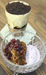  ??  ?? Asian desserts with a twist: Ube with sticky rice and sweet beans; Earl Grey bubble tea with chocolate and creme Anglaise