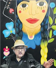  ?? NICK PROCAYLO ?? Elder Shayne Point of the Musqueam Nation speaks at Monday’s official opening of the Saa-ust Centre, a space created to provide support to families and survivors affected by the National Inquiry into Missing and Murdered Indigenous Women and Girls.