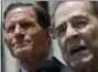  ?? JACQUELYN MARTIN - THE ASSOCIATED PRESS ?? Sen. Richard Blumenthal, D-Conn., left, listens as Rep. Jerrold Nadler, D-N.Y., speaks during a news conference about a lawsuit filed on behalf of nearly 200 Members of Congress seeking ‘to hold President Donald Trump accountabl­e to the U.S....