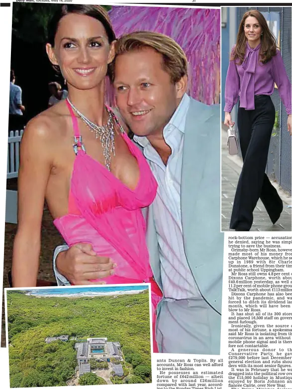  ??  ?? Turmoil: Kate in Jigsaw trousers and (far left) cardigan. Centre, David Ross with ex-lover Shelley Ross. Inset, the Mustique villa, where Boris and Carrie spent New Year