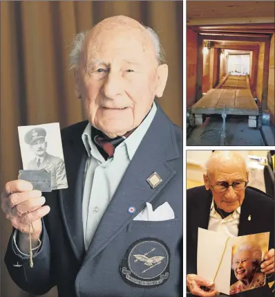  ?? PICTURES: SWNS ?? HEROIC: Above, Jack Lyons had been a flight lieutenant in the RAF when he was captured by the Germans and sent to the Stalag Luft III prisoner of war camp; top right, a modern recreation of the camp tunnel system; above right, with his telegram from the Queen.