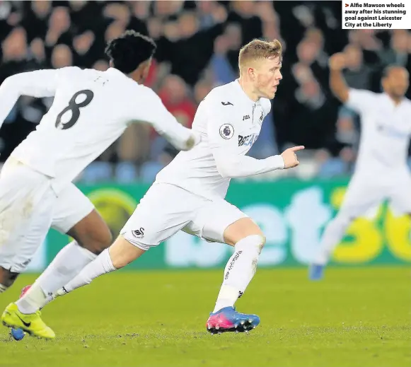  ??  ?? > Alfie Mawson wheels away after his stunning goal against Leicester City at the Liberty