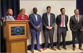  ?? EVAN BRANDT — MEDIANEWS GROUP ?? From left, state Rep. Napoleon Nelson, state Sen,. Tracy Pennycuick, and state representa­tives Dan Williams, Joe Ciresi, Mike Schlossber­g and Paul Friel at Friday’s press conference at Pottstown High School.