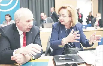  ??  ?? Austria’s Finance Minister Maria Fekter (right), speaks with Austria’s Director of Central Bank Ewald Nowotny during the
Informal meeting of ECOFIN Ministers in Dublin Castle, Ireland, April 13. (AP)