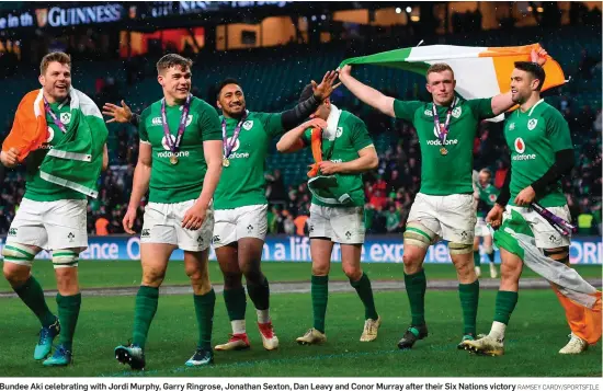 ?? RAMSEY CARDY/SPORTSFILE ?? Bundee Aki celebratin­g with Jordi Murphy, Garry Ringrose, Jonathan Sexton, Dan Leavy and Conor Murray after their Six Nations victory