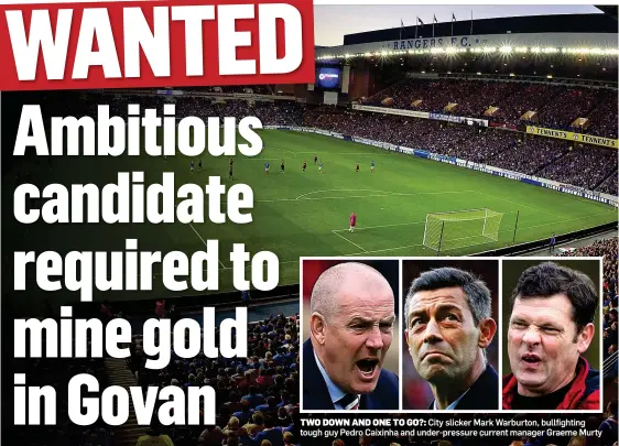  ??  ?? TWO DOWN AND ONE TO GO?: City slicker Mark Warburton, bullfighti­ng tough guy Pedro Caixinha and under-pressure current manager Graeme Murty