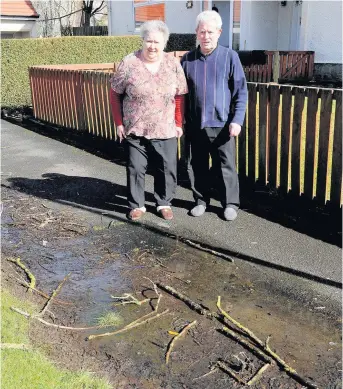  ??  ?? Frustrated Evelyn and David Campbell at the water leak on Pearson Place Linwood