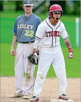  ?? SARAH GORDON/THE DAY ?? Jeremy Santos of Mitchell College (5) celebrates after doubling in the fifth inning of Sunday’s NECC baseball tournament game against Lesley at New London. Santos came around to score Mitchell’s first run. Lesley’s Will Rhone (22) looks on.