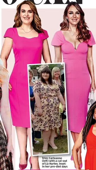  ??  ?? Trim: Carleanne (left) with a cut-out of Liz Hurley. Inset: In her pre-diet days