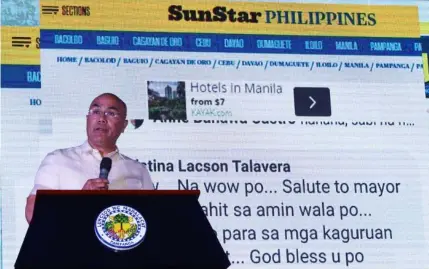  ?? -Chris Navarro ?? SOCA. Mabalacat City Mayor Cris Garbo delivers his State of the City Address (SOCA) citing his multiple accomplish­ments in public service Monday at the Asean Convention Center, Clark Freeport Zone, Pampanga.