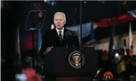  ?? Photograph: Omar Marques/ Getty Images ?? Joe Biden speaks in Warsaw on Tuesday. New Start was negotiated under the Obama presidency in 2010 and renewed for five years in February 2021.