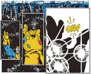 ??  ?? The moment in The Infinity Gauntlet that Gamora alludes to in the Avengers:
Infinity War trailer when she says Thanos could destroy the universe with a snap of his fingers.