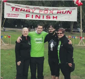  ??  ?? Donna White, left, director of the Terry Fox Foundation in B.C. and the Yukon, participat­ed in the run at Stanley Park and was accompanie­d by Josh Eckler, Johan Monterrat and Maureen Calder of the Four Seasons hotel that organized the run.