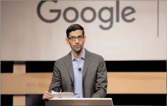  ?? -REUTERS ?? Google CEO Sundar Pichai speaks during signing ceremony committing Google to help expand informatio­n technology education at El Centro College in Texas.