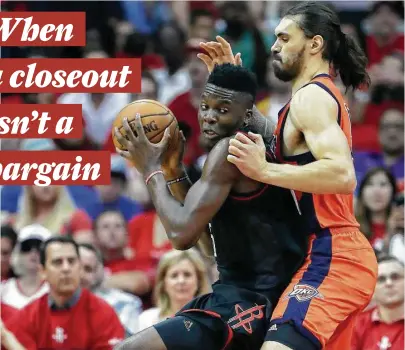  ?? Karen Warren / Houston Chronicle ?? The last three games in the series have been as close as the defense played by Oklahoma City’s Steven Adams, right, on Clint Capela as the Rockets have outscored the Thunder by an average of just two points.