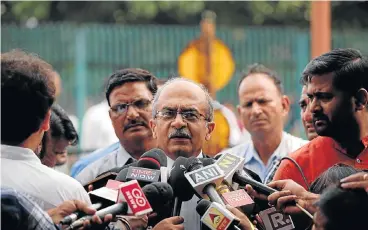  ?? Reuters ?? Rights ruling: Lawyer Prashant Bhushan speaks to the media outside the supreme court in New Delhi after the verdict on right to privacy. The supreme court ruling that individual privacy is a fundamenta­l right could have a wide-ranging effect on civil...