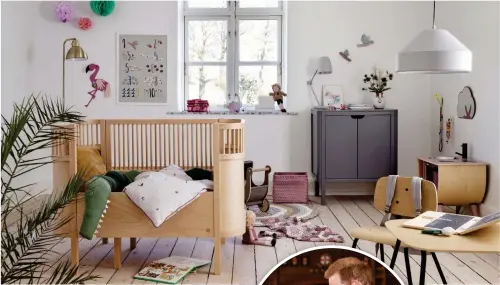  ??  ?? Muted pastels: A nursery styled by Scandiborn. Inset: The Duke and Duchess of Sussex with baby Archie