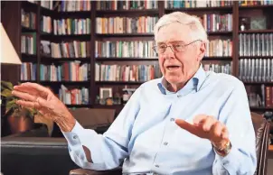  ?? BO RADER / ASSOCIATED PRESS ?? Charles Koch speaks in his office at Koch Industries in Wichita, Kan., in this 2012 photo. The Koch brothers are spending up to $400 million to shape November’s midterm elections nationwide.