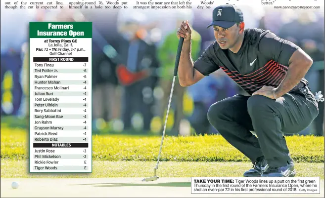  ??  ?? TAKE YOUR TIME: Tiger Woods lines up a putt on the first green Thursday in the first round of the Farmers Insurance Open, where he shot an even-par 72 in his first profession­al round of 2018.