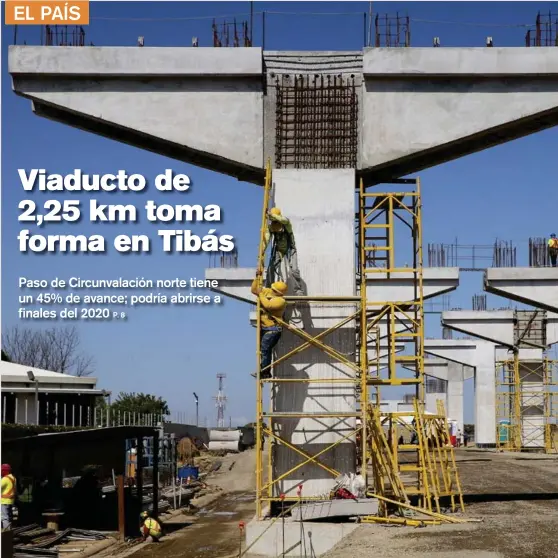  ?? ALBERT MARÍN ?? Operarios de la empresa H Solís trabajaban ayer en la instalació­n de los soportes del viaducto que comunicará a Colima (Tibás) con la ruta 32, a la altura del Triángulo de la Solidarida­d (Calle Blancos). Este paso a nivel tiene un costo de $70 millones.