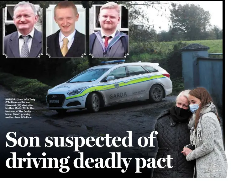  ??  ?? HORROR: (from left) Tadg O’Sullivan and his son Diarmuid (23) shot older brother Mark (26) in the bedroom of the family home; (inset) grieving mother Anne O’Sullivan